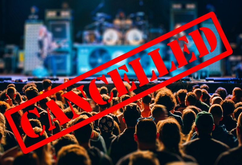 Crowd of people at event, with cancelled written across image. Event cancellation due to coronavirus